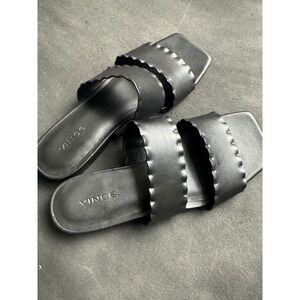 Vince Black Leather Scalloped Slide Sandals Square Toe Mules Shoes Womens 6M 36